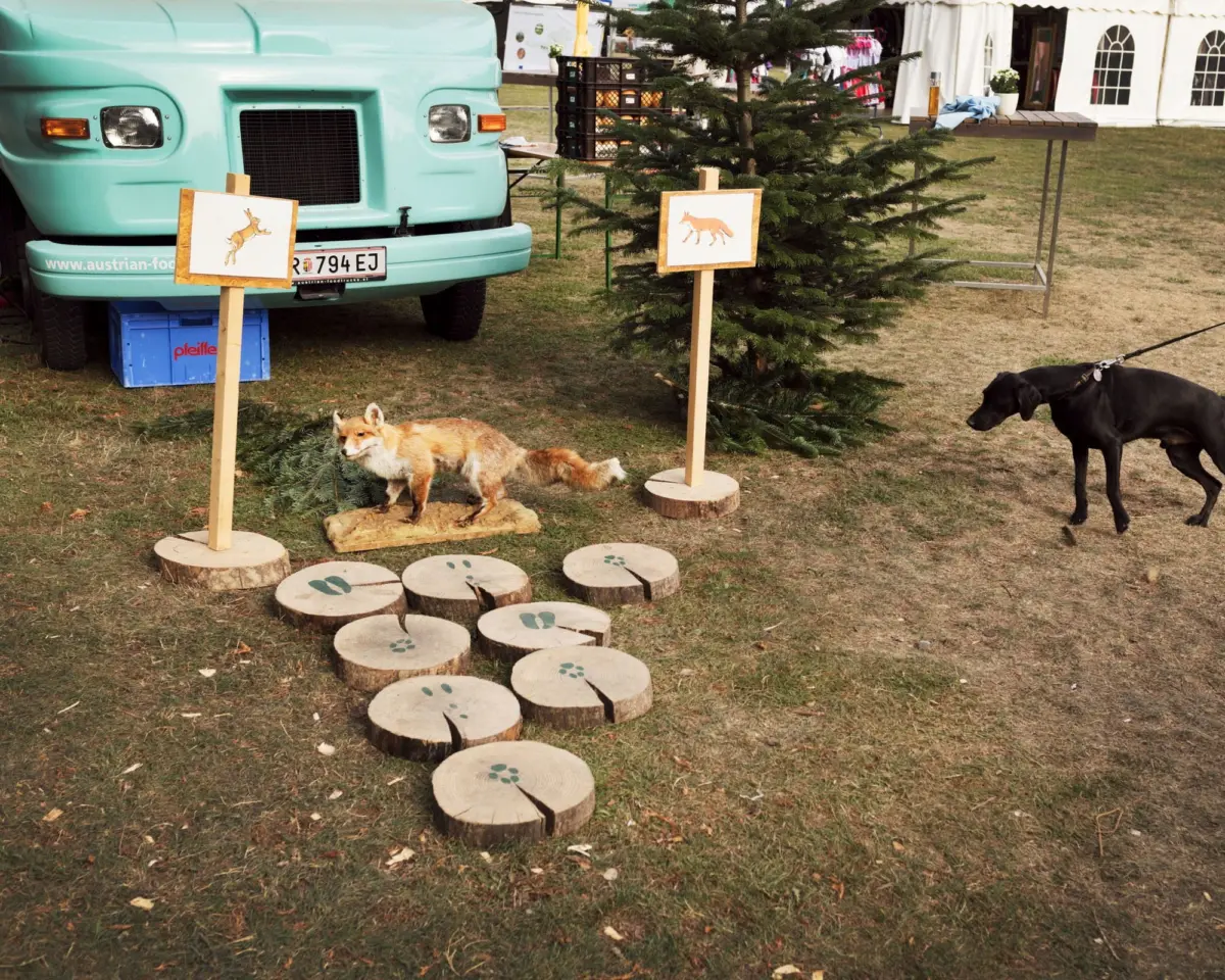 Mint-green vintage food truck at an outdoor fair; wooden signs show deer and fox portraits, with two dogs nearby.