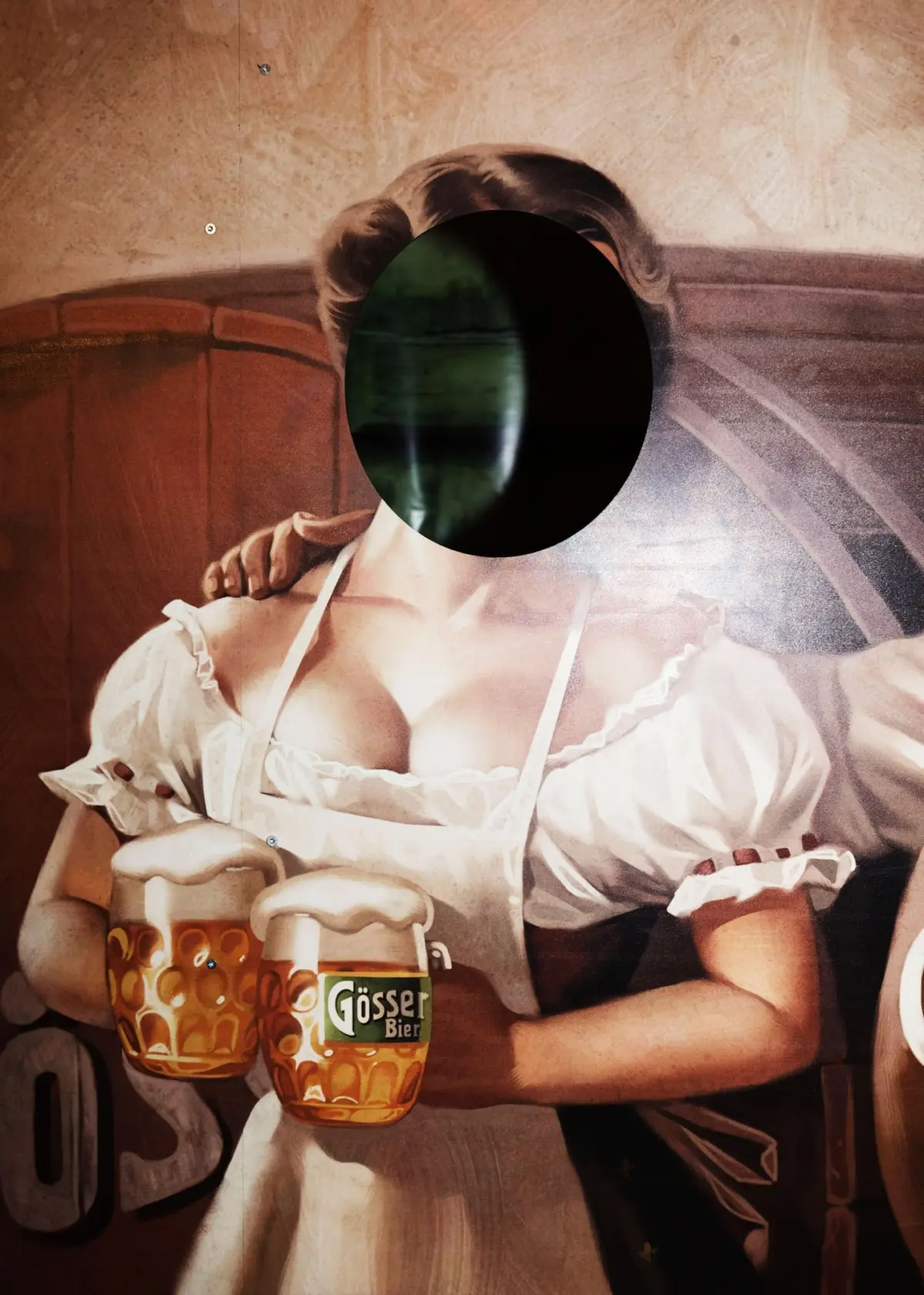 Vintage poster of a woman in a white off-shoulder dress holding two Gosser Bier mugs, face blocked by a black circle.