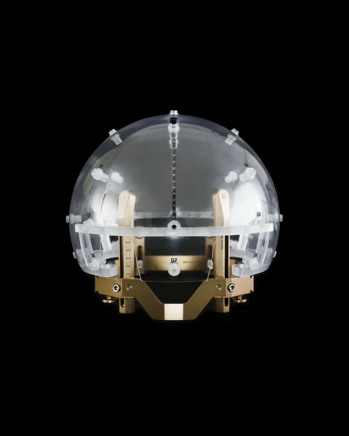 Leksell® Coordinate G Frame with the Skull Scaling Instrument, used for the Leksell Gamma Knife® treatment. The Skull Measuring Instrument is used to calculate the distance between the center of the Leksell® stereotactic space and the surface of the patient’s skull for Leksell Gamma Knife® treatment planning. Department of Radiation Oncology, Medical University of Vienna and General Hospital Vienna, Austria.