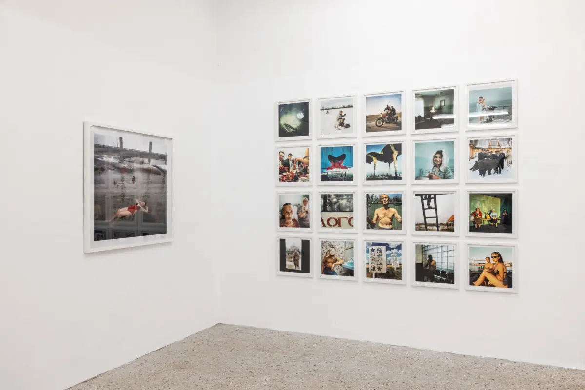White-walled art gallery with a large framed photograph on the left and a grid of smaller framed photos on the right.